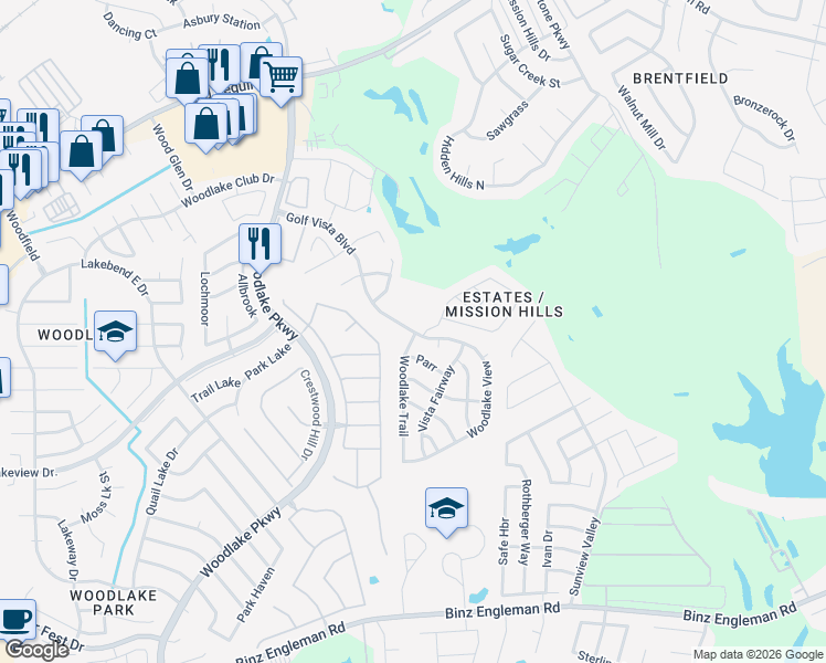 map of restaurants, bars, coffee shops, grocery stores, and more near 5111 Woodlake Trail in San Antonio