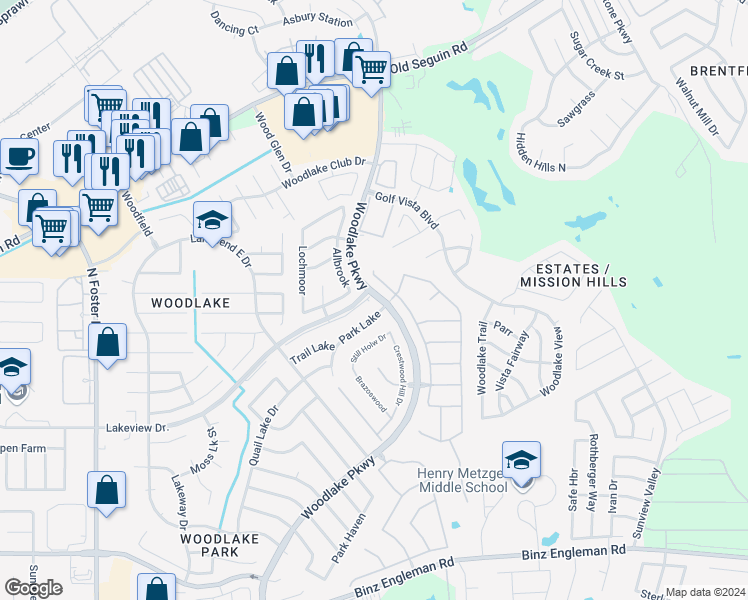 map of restaurants, bars, coffee shops, grocery stores, and more near 5514 Park Lake in San Antonio