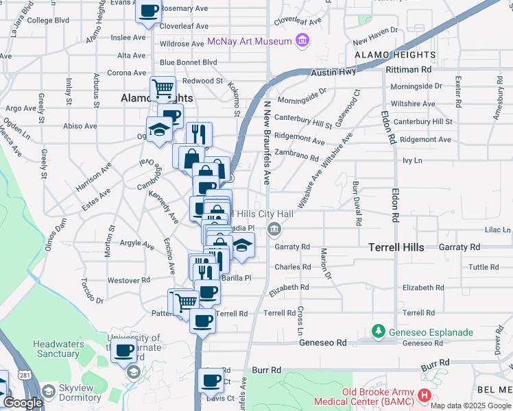 map of restaurants, bars, coffee shops, grocery stores, and more near 206 Grant Avenue in Alamo Heights