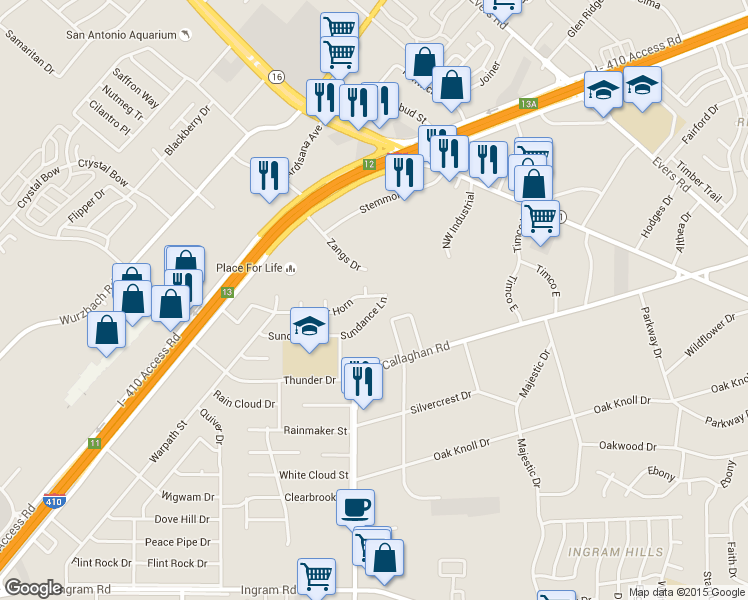 map of restaurants, bars, coffee shops, grocery stores, and more near 4437 Shakertown in San Antonio