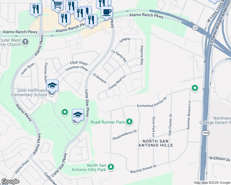 map of restaurants, bars, coffee shops, grocery stores, and more near 11634 La Granja in San Antonio