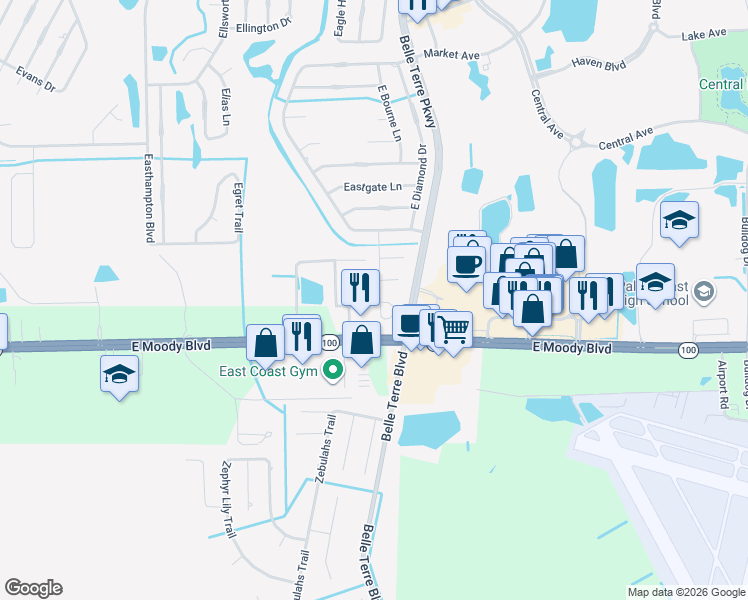 map of restaurants, bars, coffee shops, grocery stores, and more near 20 Easterly Place in Palm Coast