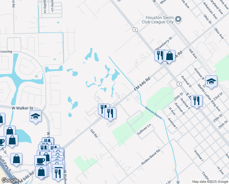 map of restaurants, bars, coffee shops, grocery stores, and more near 545 Farm to Market Road 646 in Dickinson