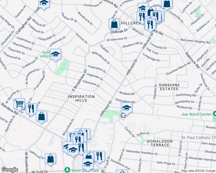 map of restaurants, bars, coffee shops, grocery stores, and more near 131 Highview Drive in San Antonio