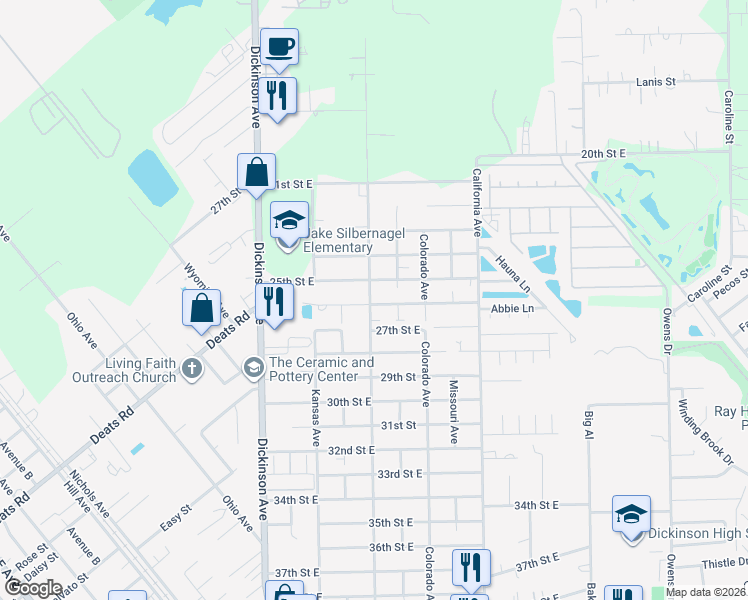 map of restaurants, bars, coffee shops, grocery stores, and more near 4606 25th Street East in Dickinson
