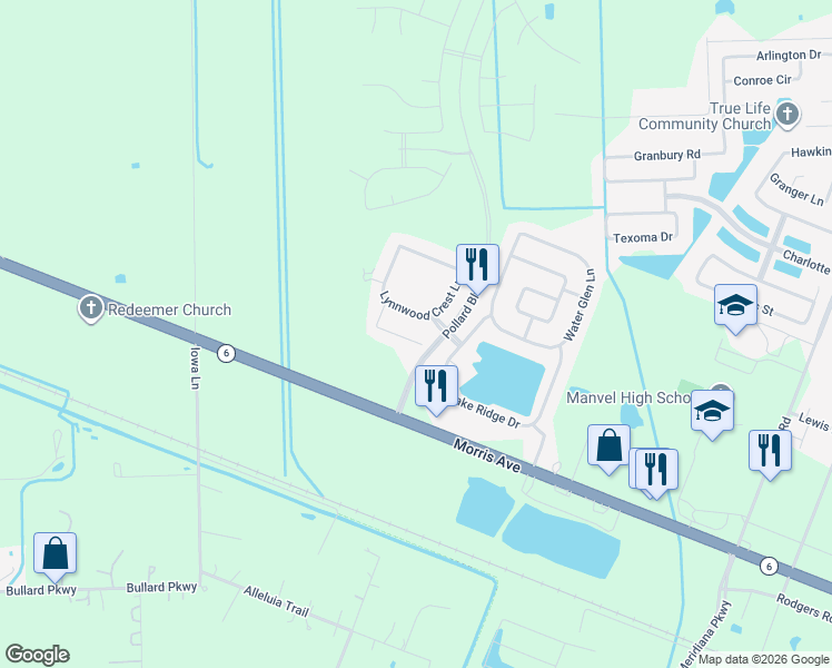 map of restaurants, bars, coffee shops, grocery stores, and more near 18711 Brookside Ridge Lane in Manvel