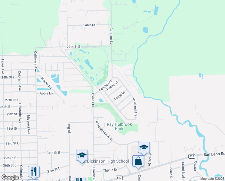 map of restaurants, bars, coffee shops, grocery stores, and more near 5502 Pecos Street in Dickinson