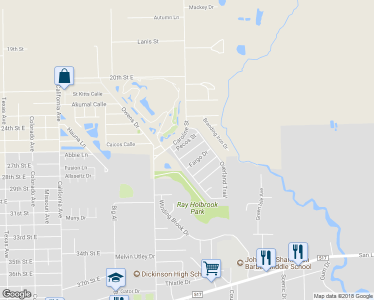 map of restaurants, bars, coffee shops, grocery stores, and more near 5519 Chisholm Trail in Dickinson