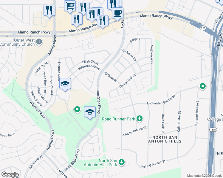 map of restaurants, bars, coffee shops, grocery stores, and more near 11827 Camp Real Lane in San Antonio