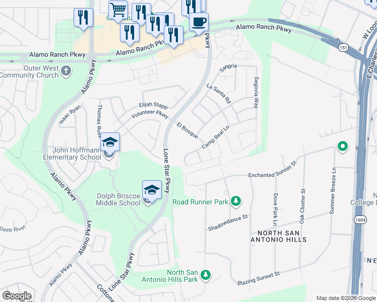 map of restaurants, bars, coffee shops, grocery stores, and more near 11827 Camp Real Lane in San Antonio