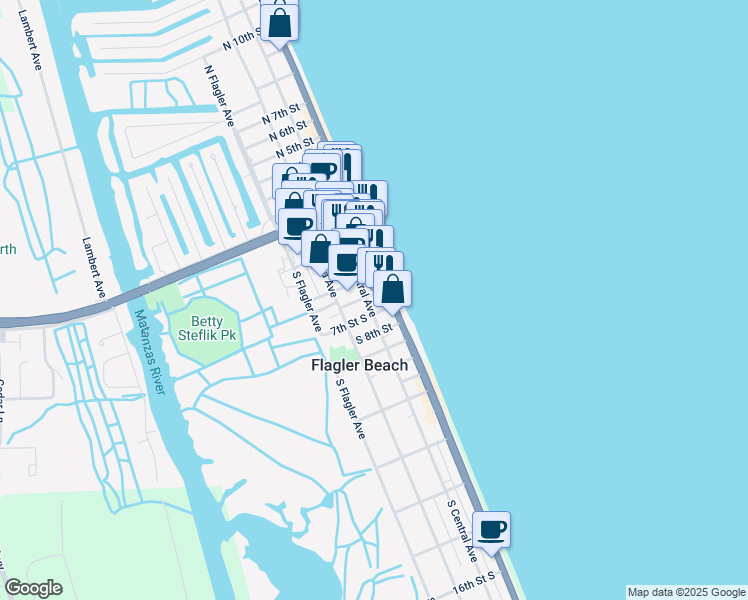 map of restaurants, bars, coffee shops, grocery stores, and more near 104 6th Street South in Flagler Beach
