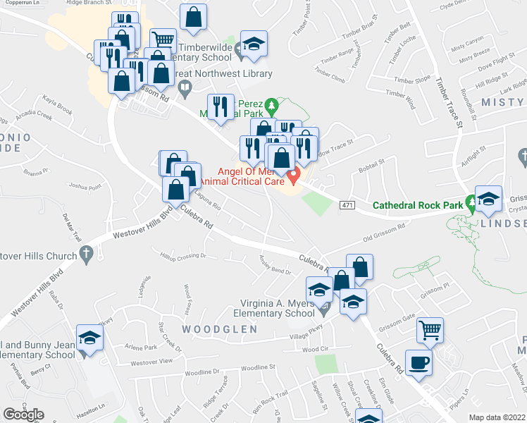 map of restaurants, bars, coffee shops, grocery stores, and more near 8715 Laguna Falls in San Antonio
