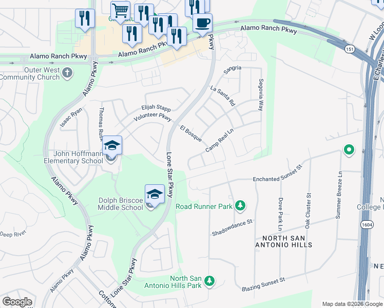 map of restaurants, bars, coffee shops, grocery stores, and more near 4715 Lone Star Parkway in San Antonio