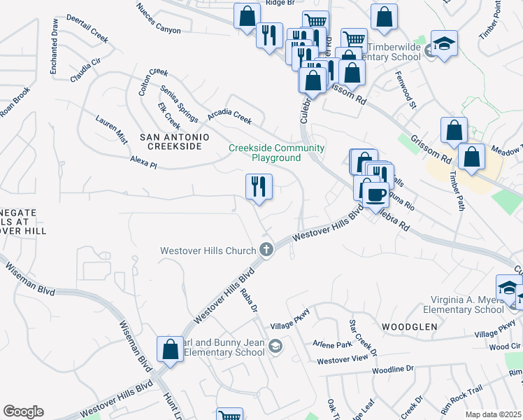 map of restaurants, bars, coffee shops, grocery stores, and more near 4502 Del Mar Trail in San Antonio