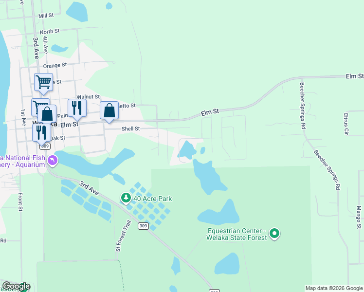 map of restaurants, bars, coffee shops, grocery stores, and more near 220 Oak Ridge Drive in Welaka