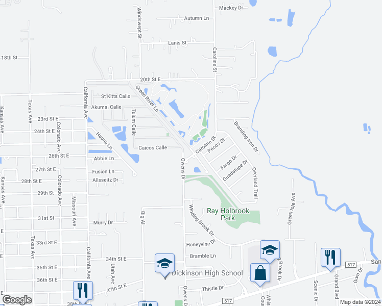 map of restaurants, bars, coffee shops, grocery stores, and more near 2428 Caroline Street in Dickinson