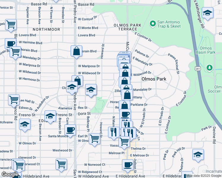 map of restaurants, bars, coffee shops, grocery stores, and more near 219 Joy Street in San Antonio