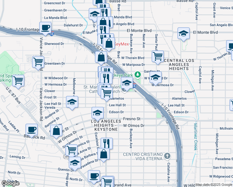 map of restaurants, bars, coffee shops, grocery stores, and more near 1801 Clower in San Antonio