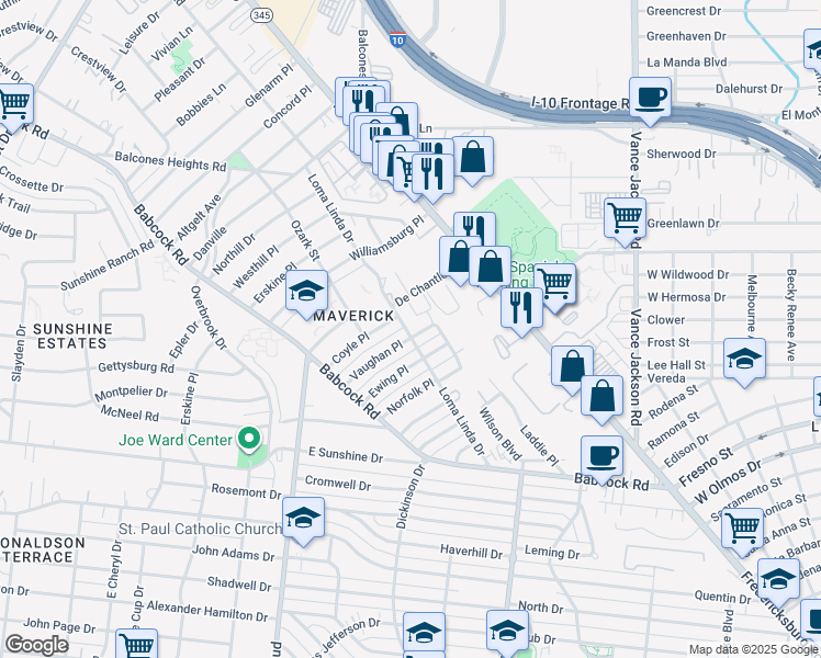 map of restaurants, bars, coffee shops, grocery stores, and more near 182 De Chantle Road in San Antonio