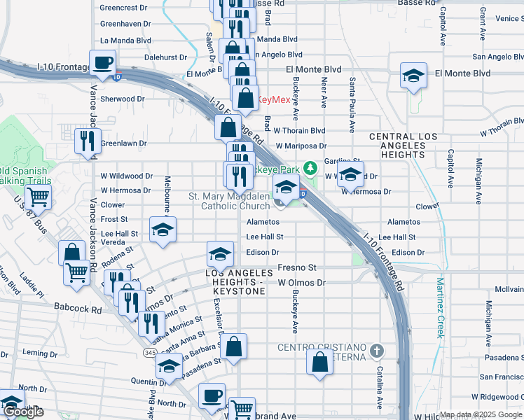 map of restaurants, bars, coffee shops, grocery stores, and more near 1801 Clower in San Antonio