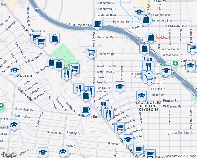 map of restaurants, bars, coffee shops, grocery stores, and more near 2335 Clower in San Antonio