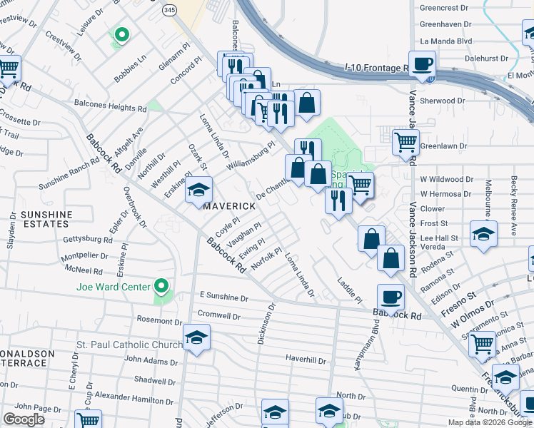 map of restaurants, bars, coffee shops, grocery stores, and more near 182 De Chantle Road in San Antonio