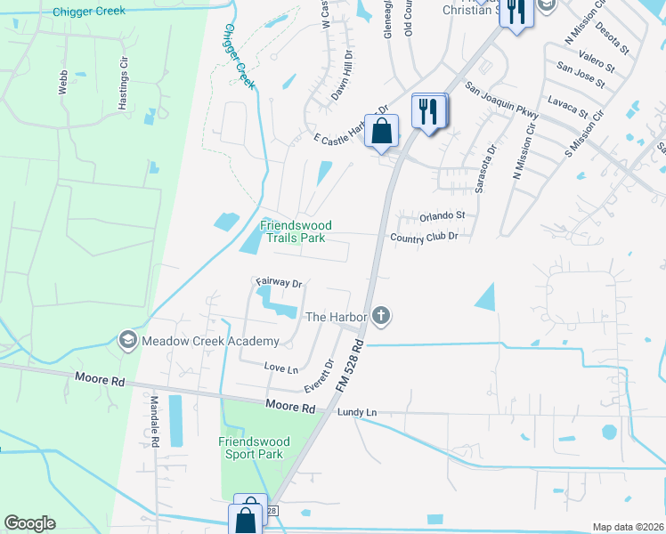 map of restaurants, bars, coffee shops, grocery stores, and more near 1 Country Club Drive in Friendswood