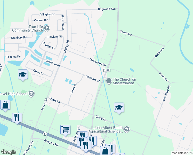map of restaurants, bars, coffee shops, grocery stores, and more near 7211 Charlotte Street in Manvel