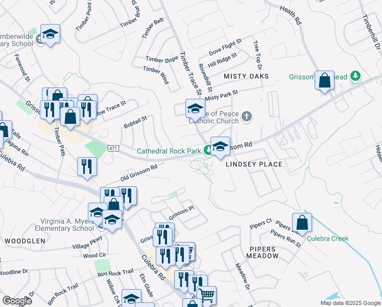 map of restaurants, bars, coffee shops, grocery stores, and more near 8031 Echo Wind Street in San Antonio