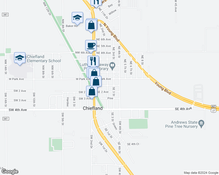 map of restaurants, bars, coffee shops, grocery stores, and more near 228 Cypress in Chiefland