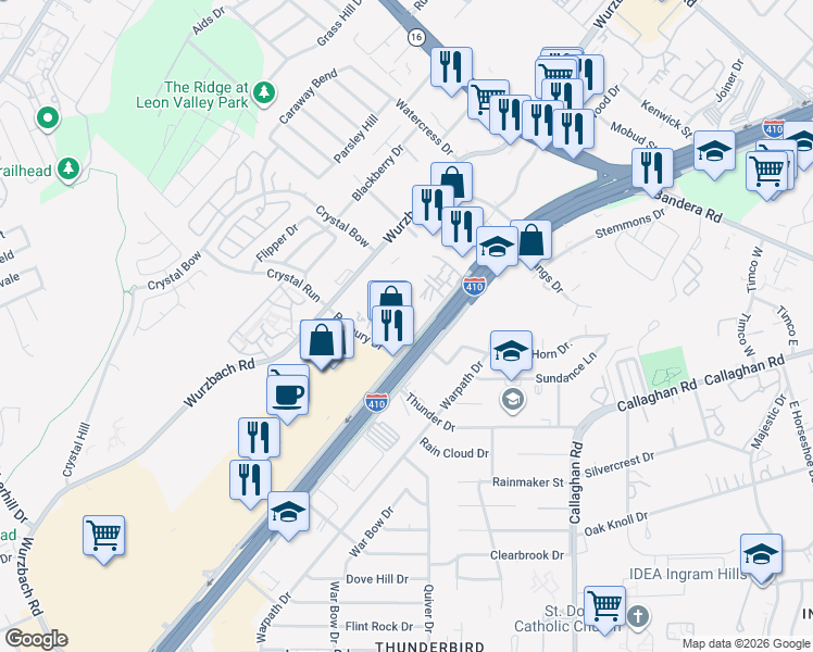 map of restaurants, bars, coffee shops, grocery stores, and more near 6202 Roxbury Drive in San Antonio