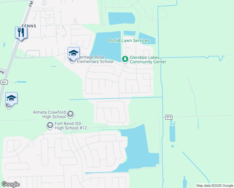 map of restaurants, bars, coffee shops, grocery stores, and more near 601 Glendale Lakes Drive in Rosharon