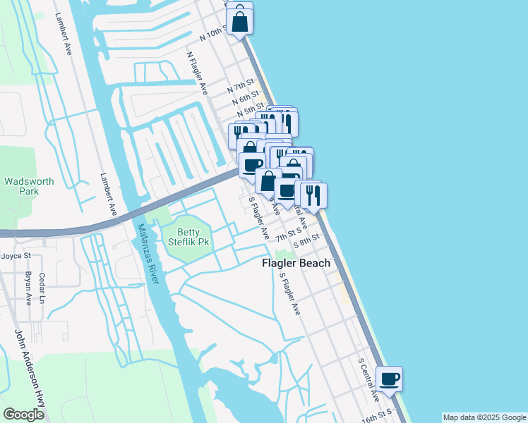 map of restaurants, bars, coffee shops, grocery stores, and more near 520 South Daytona Avenue in Flagler Beach