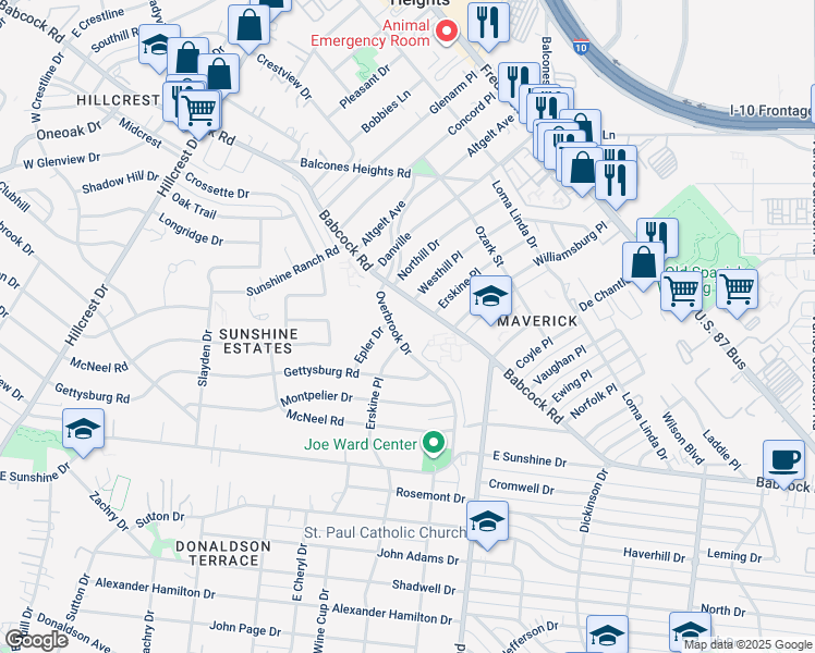 map of restaurants, bars, coffee shops, grocery stores, and more near 730 Babcock Road in San Antonio