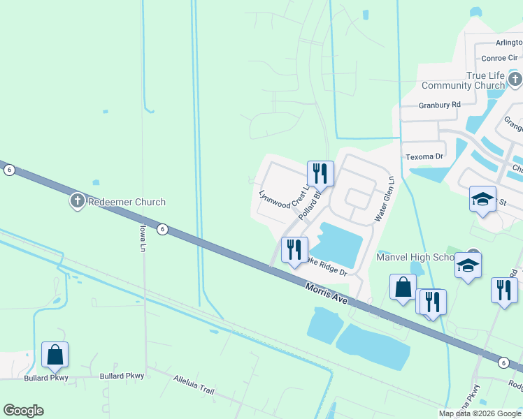 map of restaurants, bars, coffee shops, grocery stores, and more near 18711 Brookside Ridge Lane in Manvel