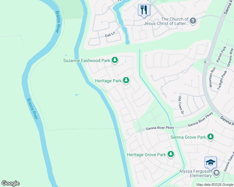 map of restaurants, bars, coffee shops, grocery stores, and more near 2323 Ironwood Pass Drive in Sienna Plantation