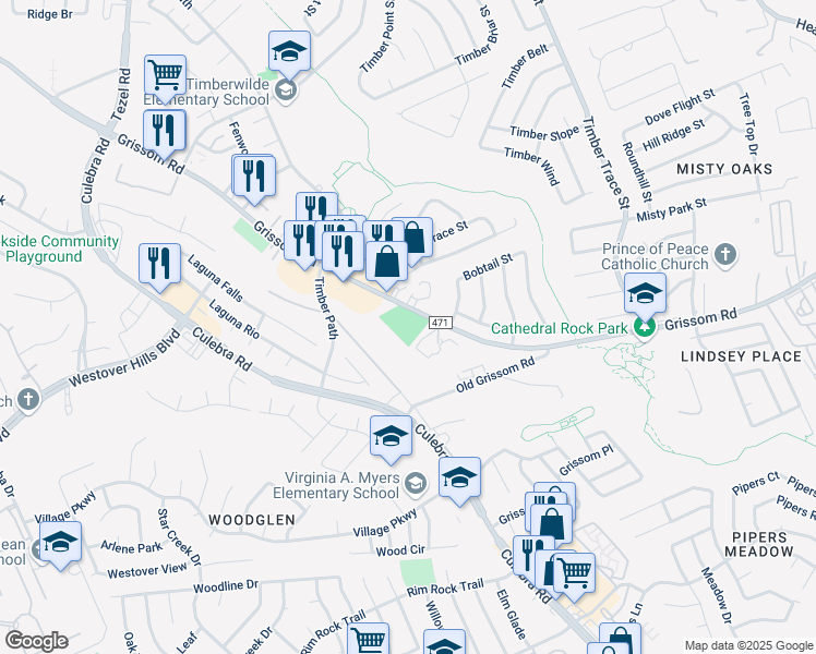 map of restaurants, bars, coffee shops, grocery stores, and more near 8766 Farm to Market 471 in San Antonio