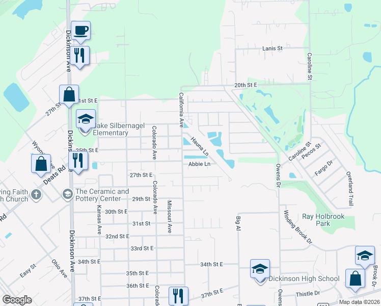 map of restaurants, bars, coffee shops, grocery stores, and more near 5008 Asia Lane in Dickinson