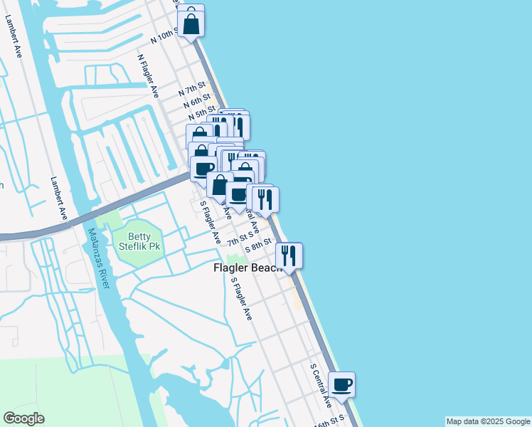 map of restaurants, bars, coffee shops, grocery stores, and more near 104 6th Street South in Flagler Beach