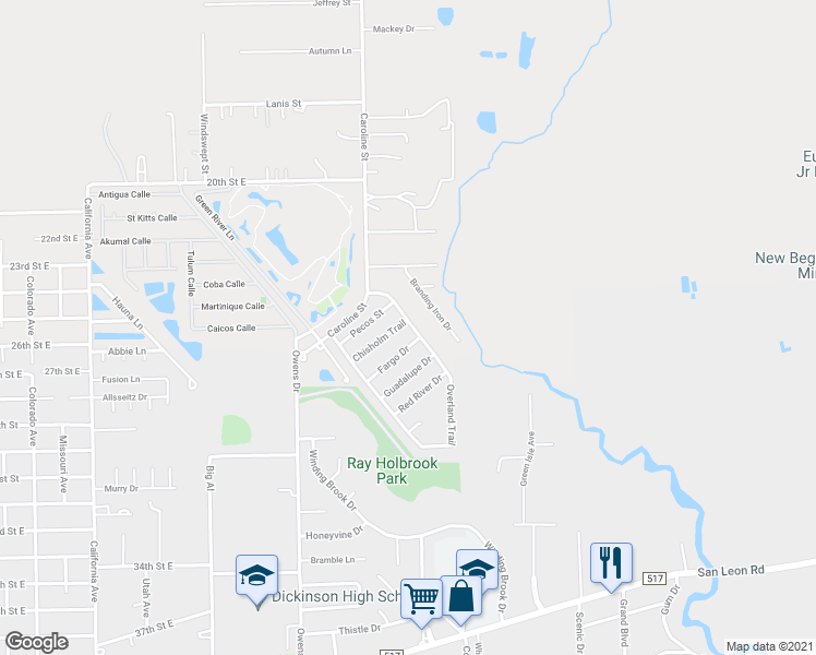 map of restaurants, bars, coffee shops, grocery stores, and more near 5620 Chisholm Trail in Dickinson