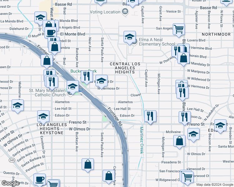 map of restaurants, bars, coffee shops, grocery stores, and more near 1335 Clower in San Antonio