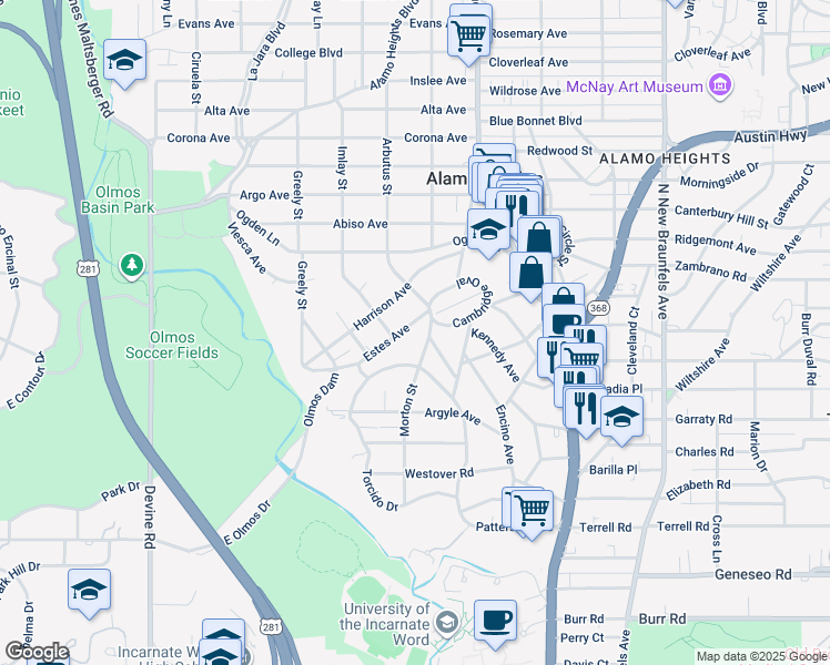 map of restaurants, bars, coffee shops, grocery stores, and more near 862 Estes Avenue in San Antonio