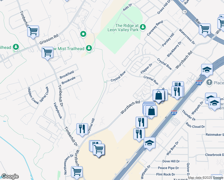 map of restaurants, bars, coffee shops, grocery stores, and more near 6602 Burton Bay in San Antonio