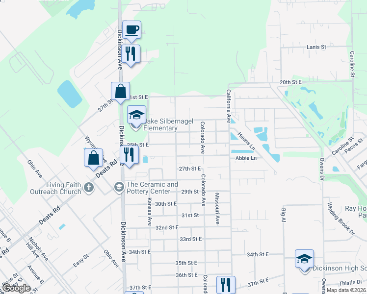 map of restaurants, bars, coffee shops, grocery stores, and more near 4606 25th Street East in Dickinson