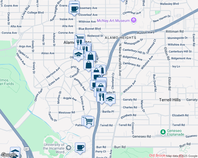 map of restaurants, bars, coffee shops, grocery stores, and more near 5490 Broadway in Alamo Heights