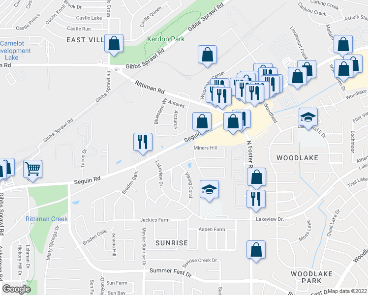 map of restaurants, bars, coffee shops, grocery stores, and more near 6303 Miners Hill in San Antonio