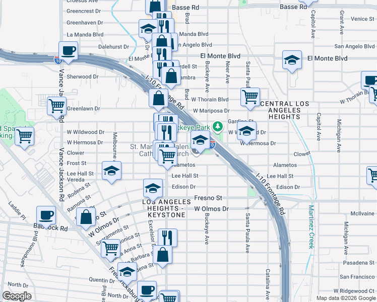 map of restaurants, bars, coffee shops, grocery stores, and more near 1801 Clower in San Antonio