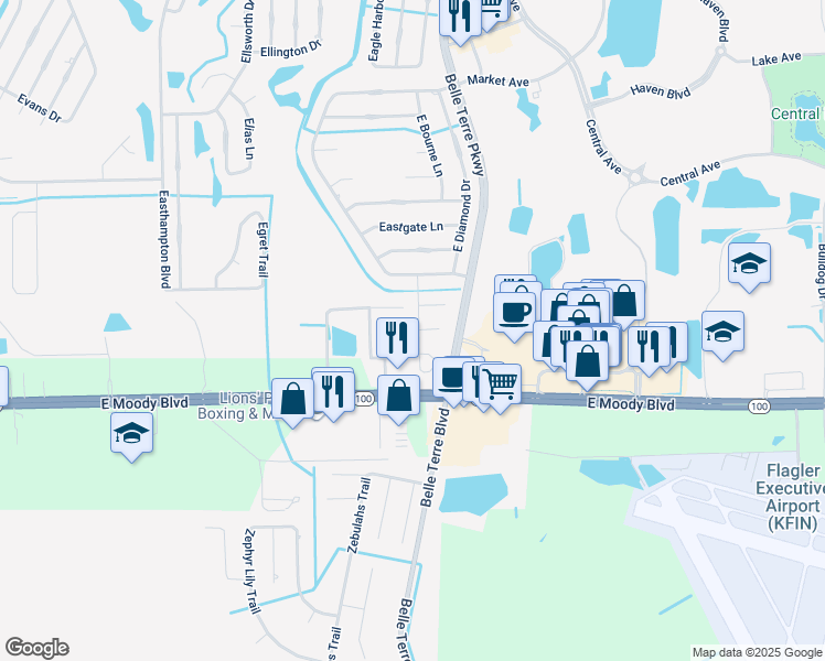 map of restaurants, bars, coffee shops, grocery stores, and more near 12 Easterly Place in Palm Coast