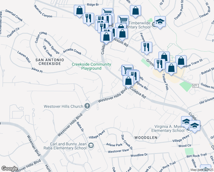 map of restaurants, bars, coffee shops, grocery stores, and more near 9304 Crossbill Creek in San Antonio