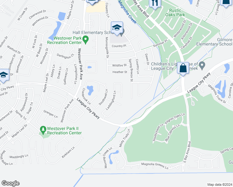 map of restaurants, bars, coffee shops, grocery stores, and more near 416 Laddingford Lane in League City